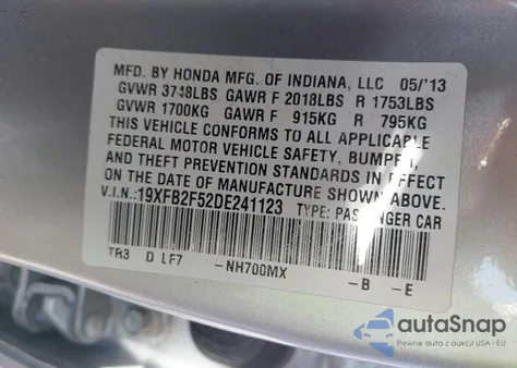2013 Honda Civic Lx z USA, uszkodzony, nr VIN 19XFB2F52DE241123